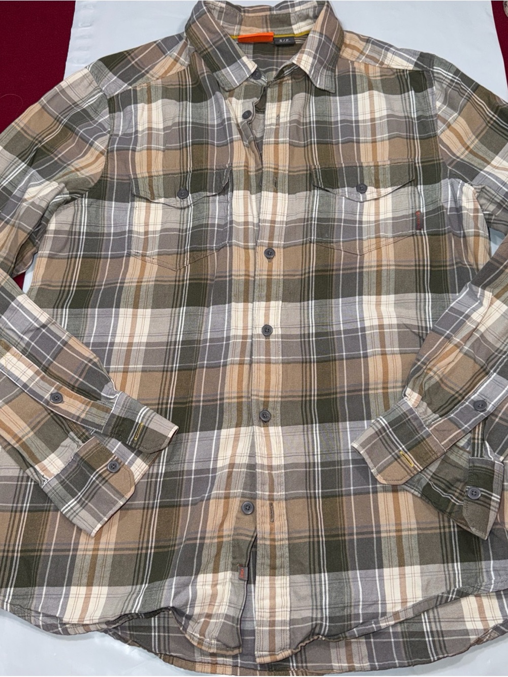 Merrell Green Tan Gray Plaid Long Sleeved Button Up Shirt Trail Hiking Men Small